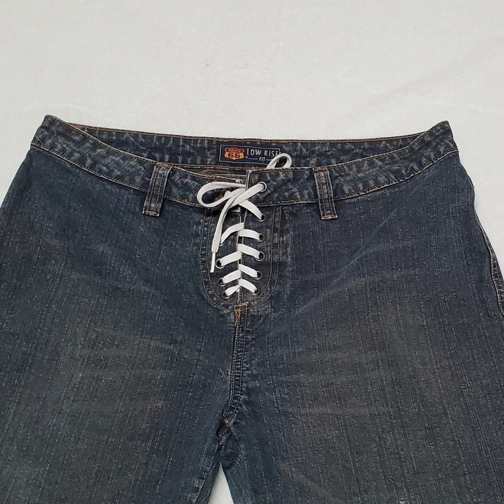 RARE Vintage Route 66 Lace-up Waist Western Dark Wash Low Rise Flare Jeans 14 - Picture 3 of 10